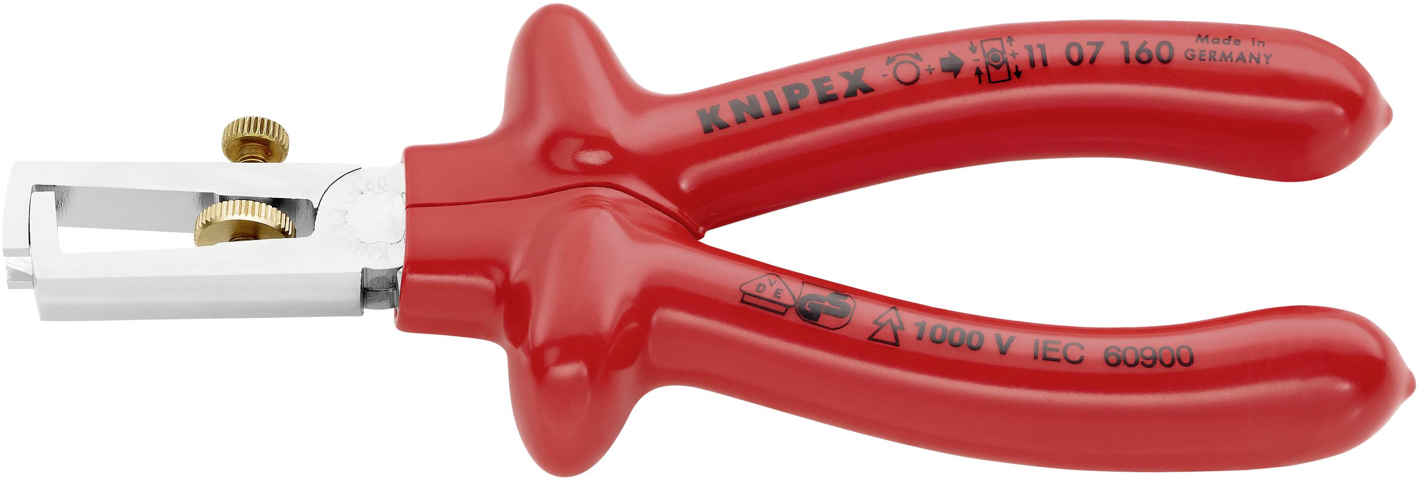 Dénudeur rouge avec tête en métal et vis de réglage, adapté aux travaux jusqu'à 1000V, portant l'inscription 'KNIPEX' sur la poignée.