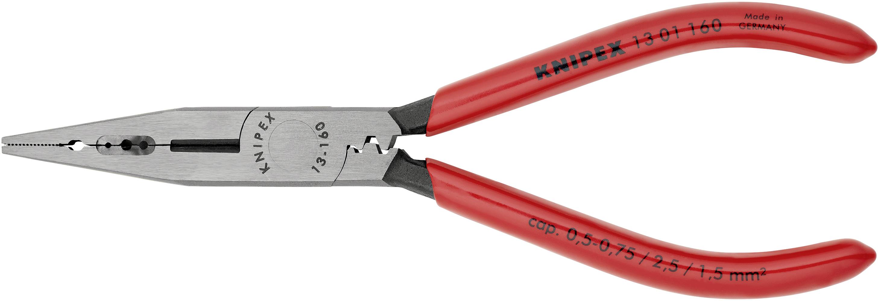 Pince coupante à bec effilé en argent avec des poignées rouges, fabriquée en Allemagne, portant l'inscription 'KNIPEX 13 01 160' sur la pince.