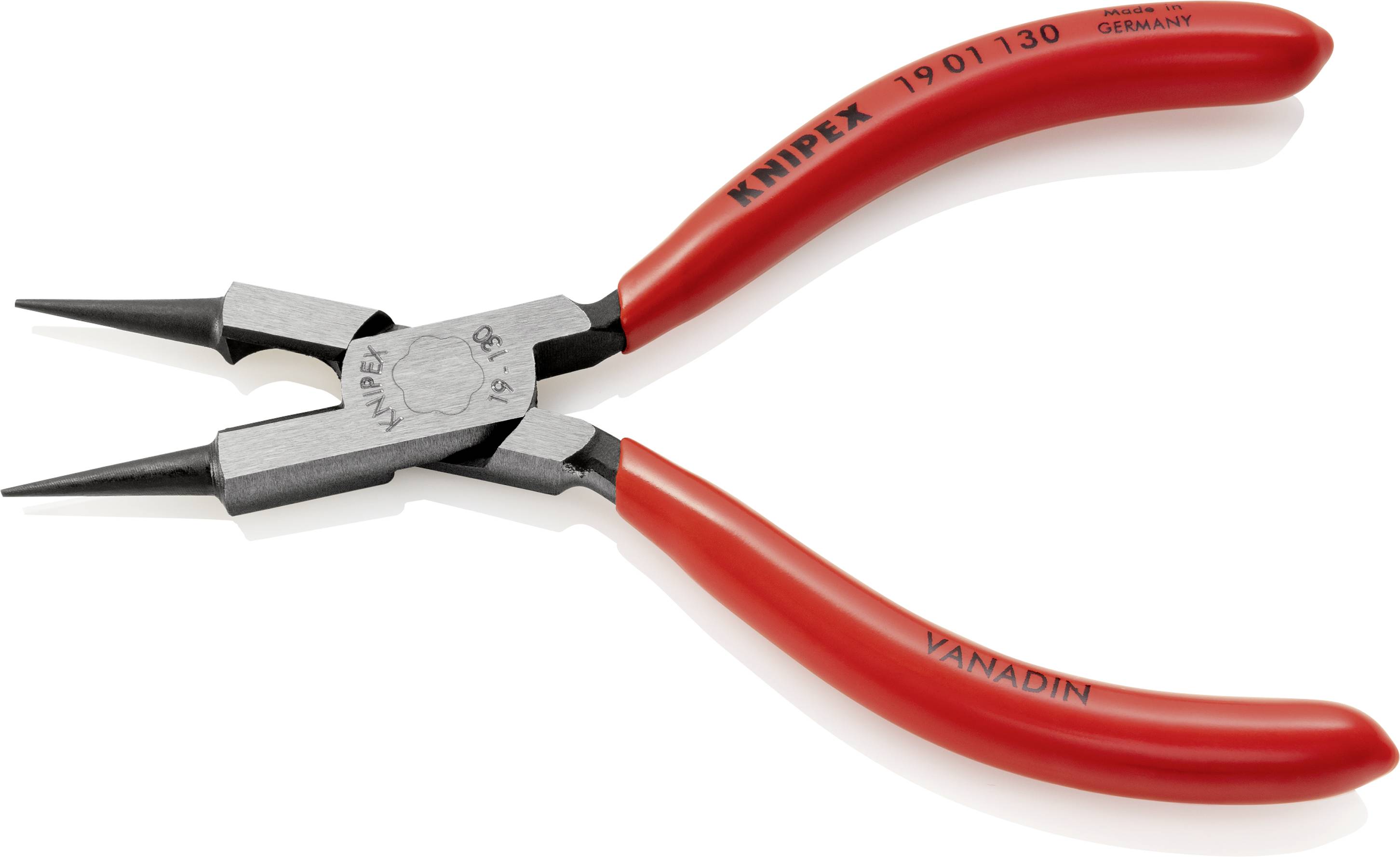 Pince à bec rouge avec des pointes effilées de couleur noire. Sur les poignées sont imprimés 'KNIPEX' et 'VANADIN'.