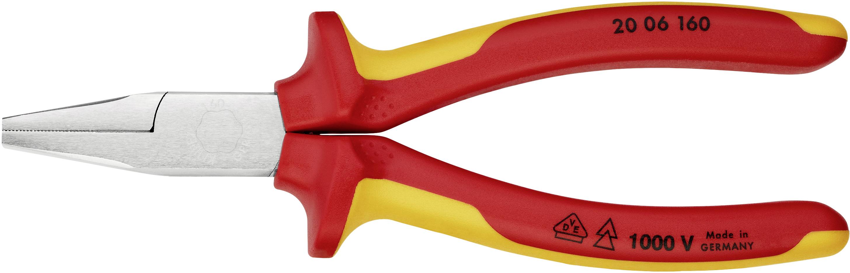 Une pince multifonction rouge et jaune, adaptée aux travaux jusqu'à 1000 V, portant l'inscription « Made in Germany ».
