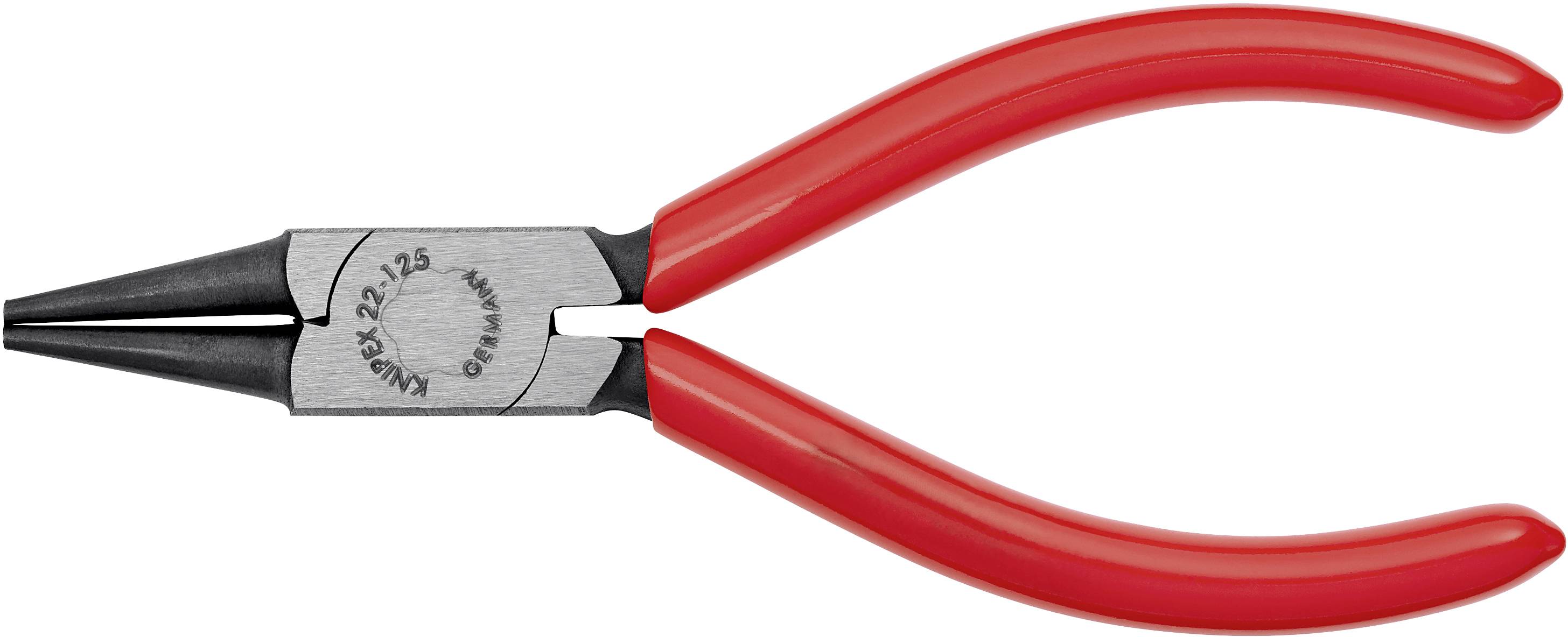 Une pince ronde rouge avec une poignée noire et une tête en métal, portant l'inscription '22/125'. Adaptée pour les travaux de préhension et de pliage.