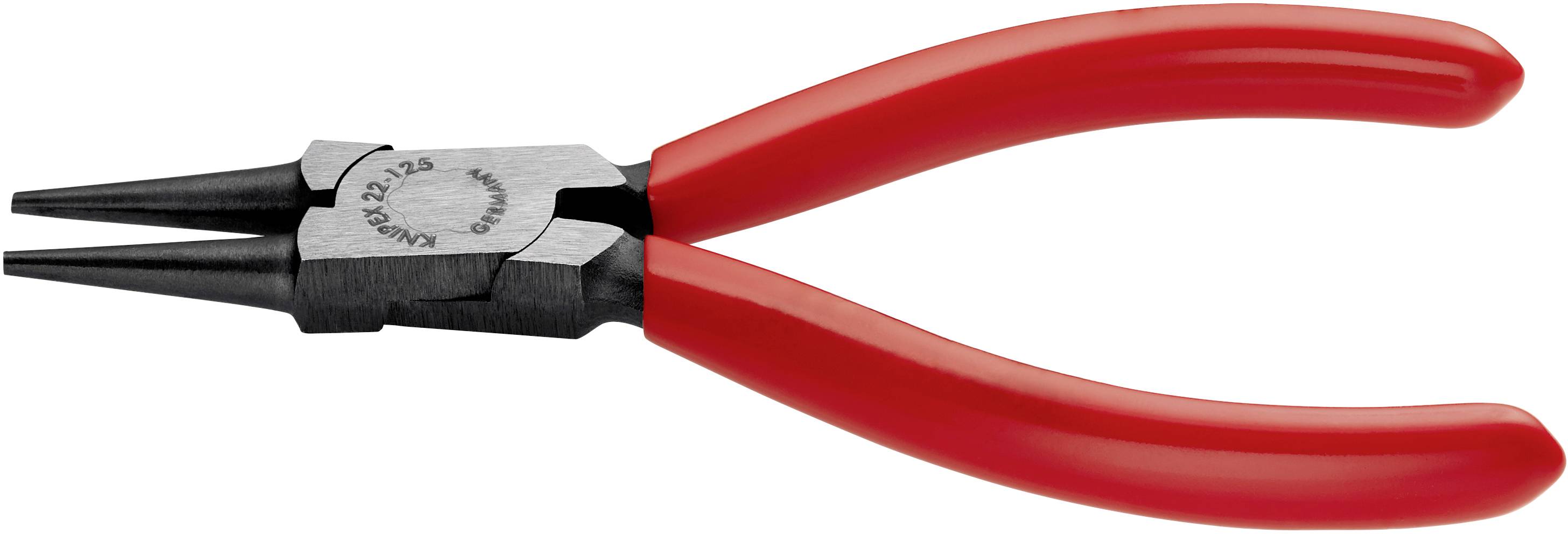 Pince ronde à poignées rouges, adaptée pour plier des fils et saisir de petits objets.