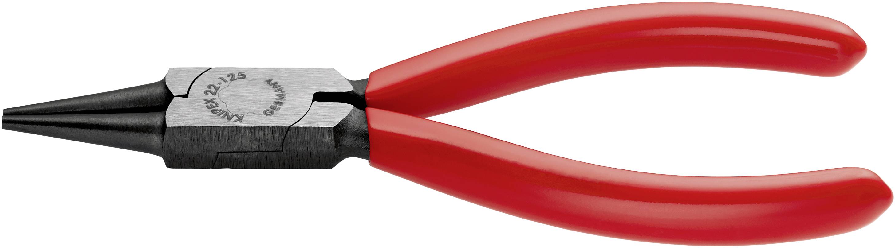 Pince à bec rond rouge avec embouts noirs, utilisée pour plier du fil ou maintenir de petits objets dans la fabrication de bijoux.