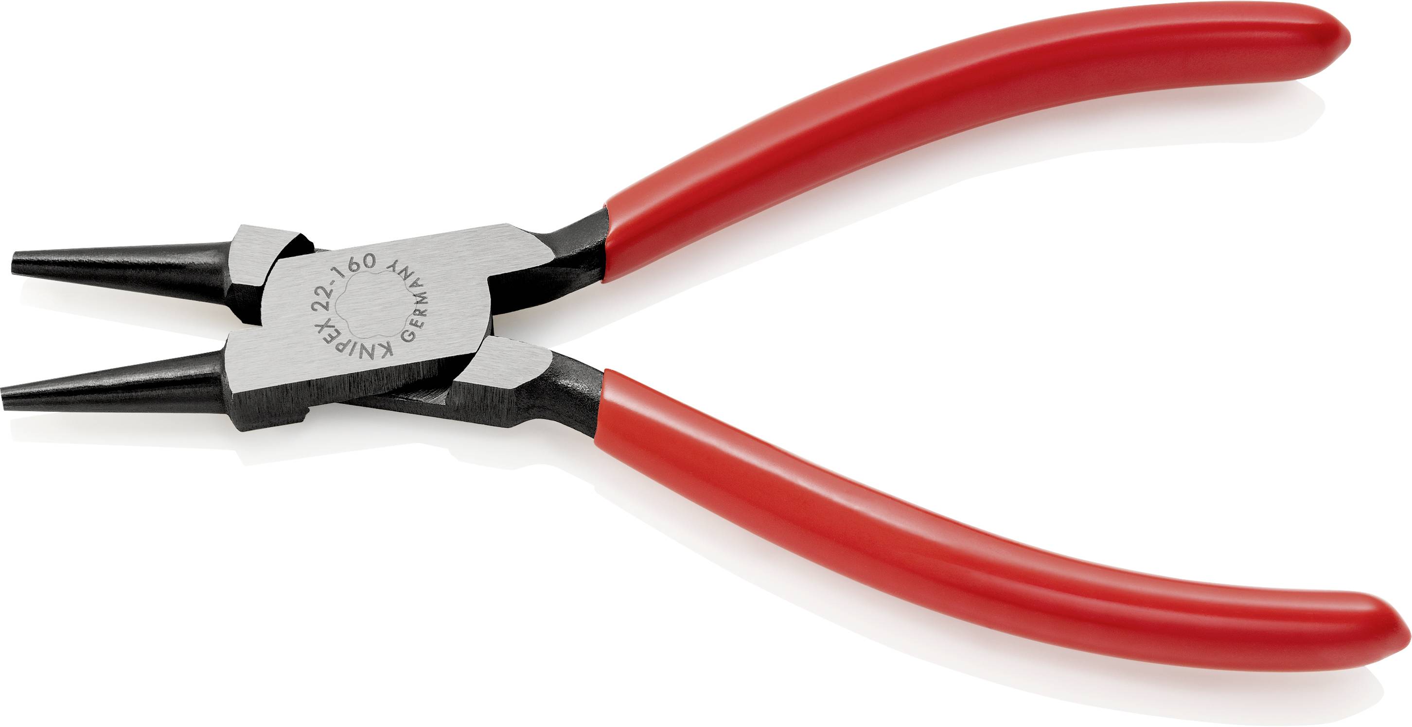 Pince à bec rond avec des poignées rouges, conçue pour le pliage précis de fils et de pièces métalliques. L'outil est composé de deux mâchoires pointues.