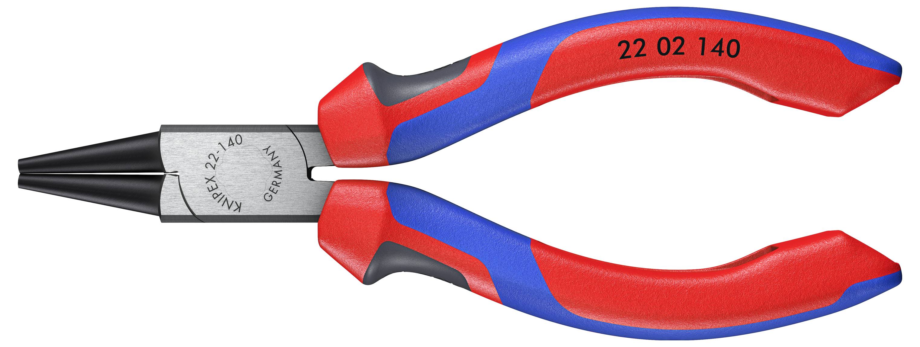 Pince rouge et bleue portant l'inscription 'KNIPEX 22 02 140 GERMANY'. Elle possède des mâchoires rondes, adaptée aux travaux précis sur les fils.