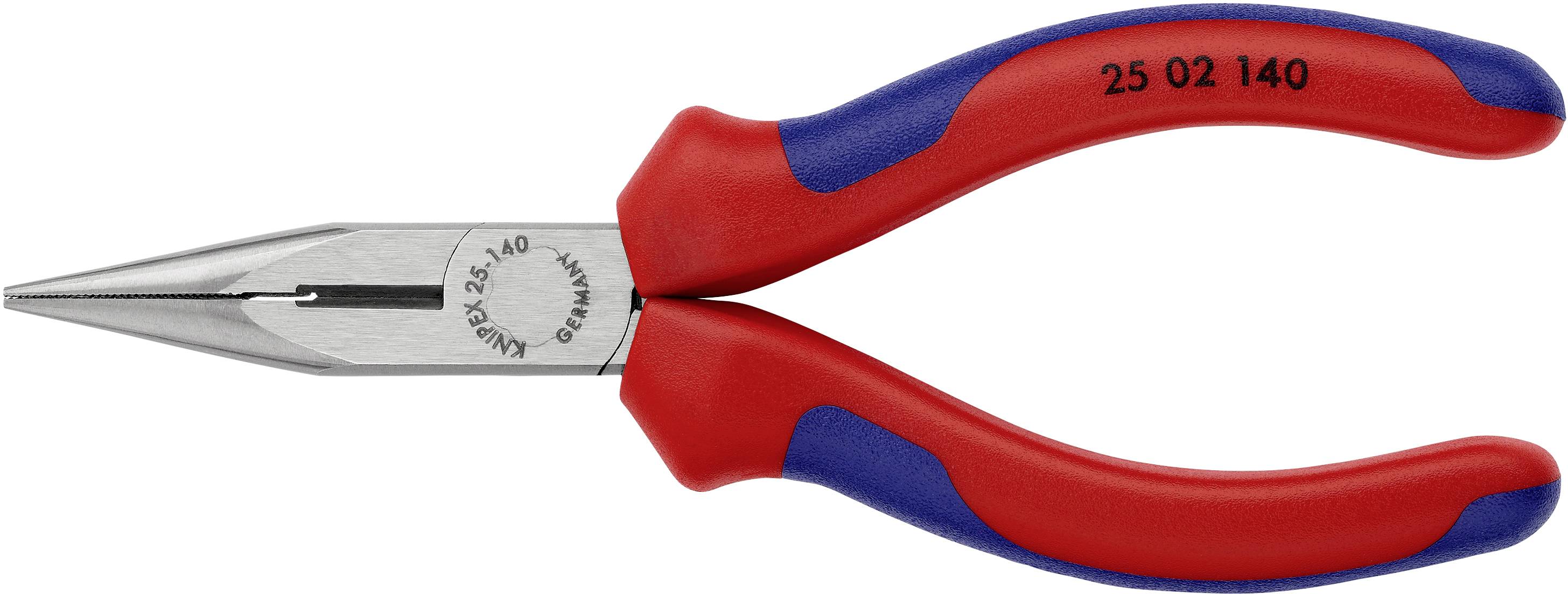 Une pince à bec pointu rouge et bleue en métal. Idéale pour saisir de petits objets. Parfaite pour des travaux précis en environnement d'atelier.