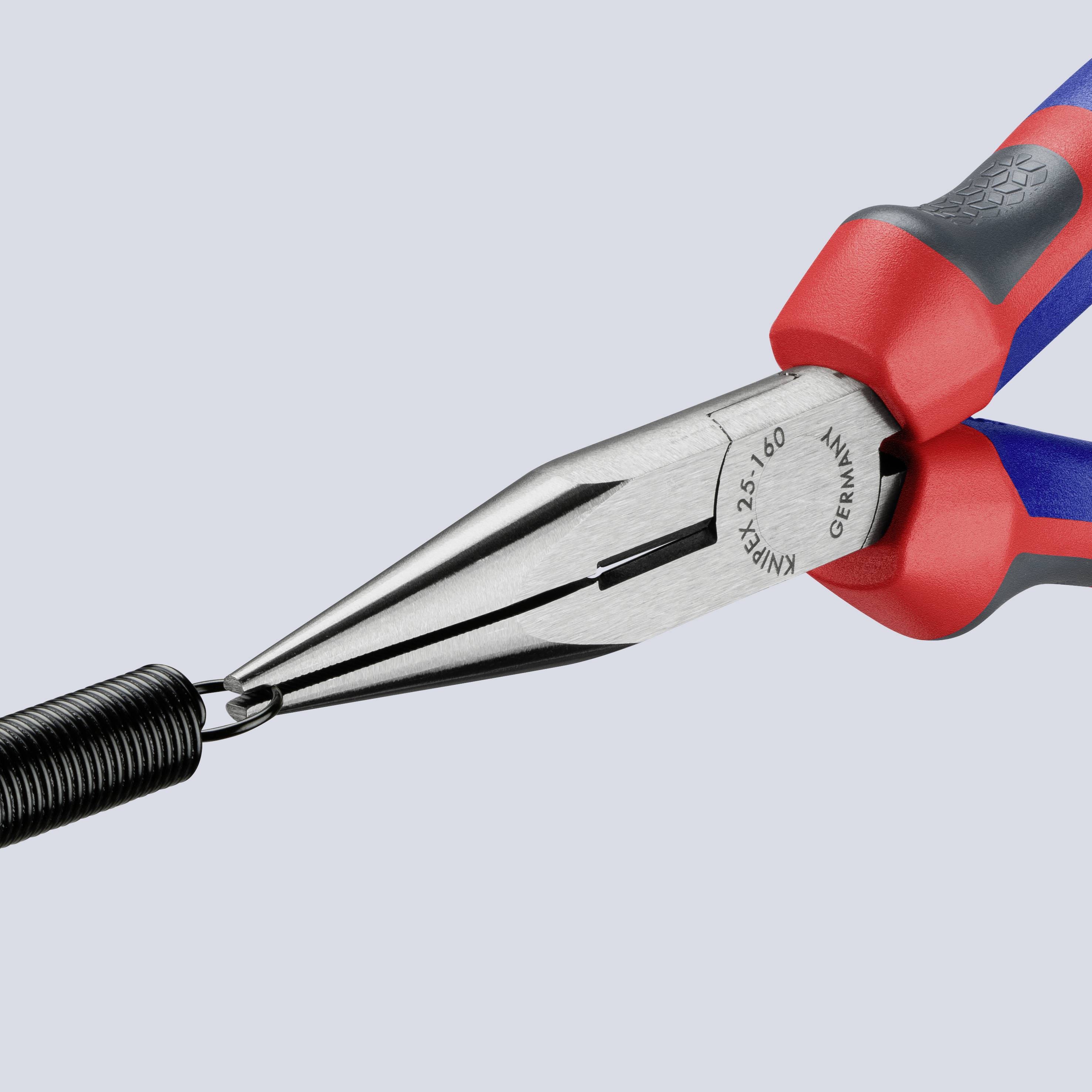 Une pince rouge et bleue avec une plume légère à son extrémité, sur un fond gris.