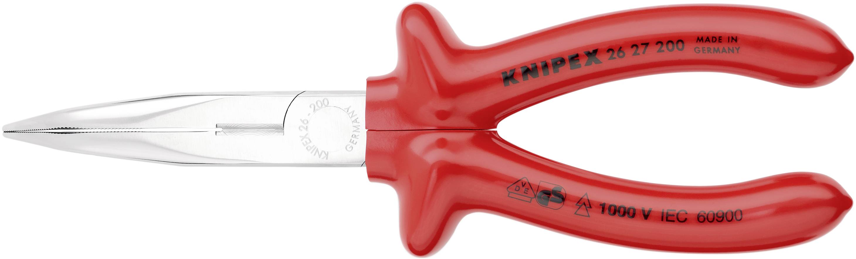 Pince coupante rouge isolée avec l'inscription « Knipex 26 27 200 ». Adaptée aux travaux électriques, fabriquée en Allemagne.