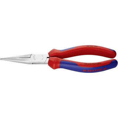 Une pince à bec Knipex avec des poignées rouges et bleues et une pointe argentée, adaptée pour une prise et une coupe précises.