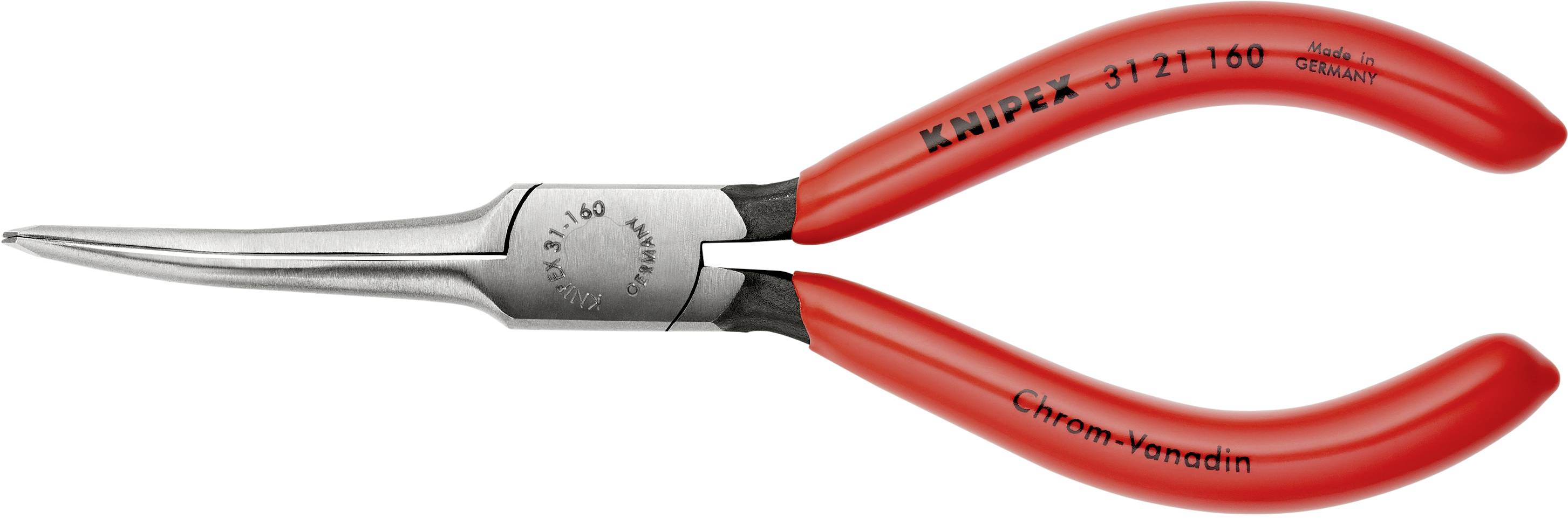 Pince plate ronde rouge avec poignées longues et légèrement incurvées. Inscription 'Knipex Chrome-Vanadium'. Utilisée pour des travaux de précision.