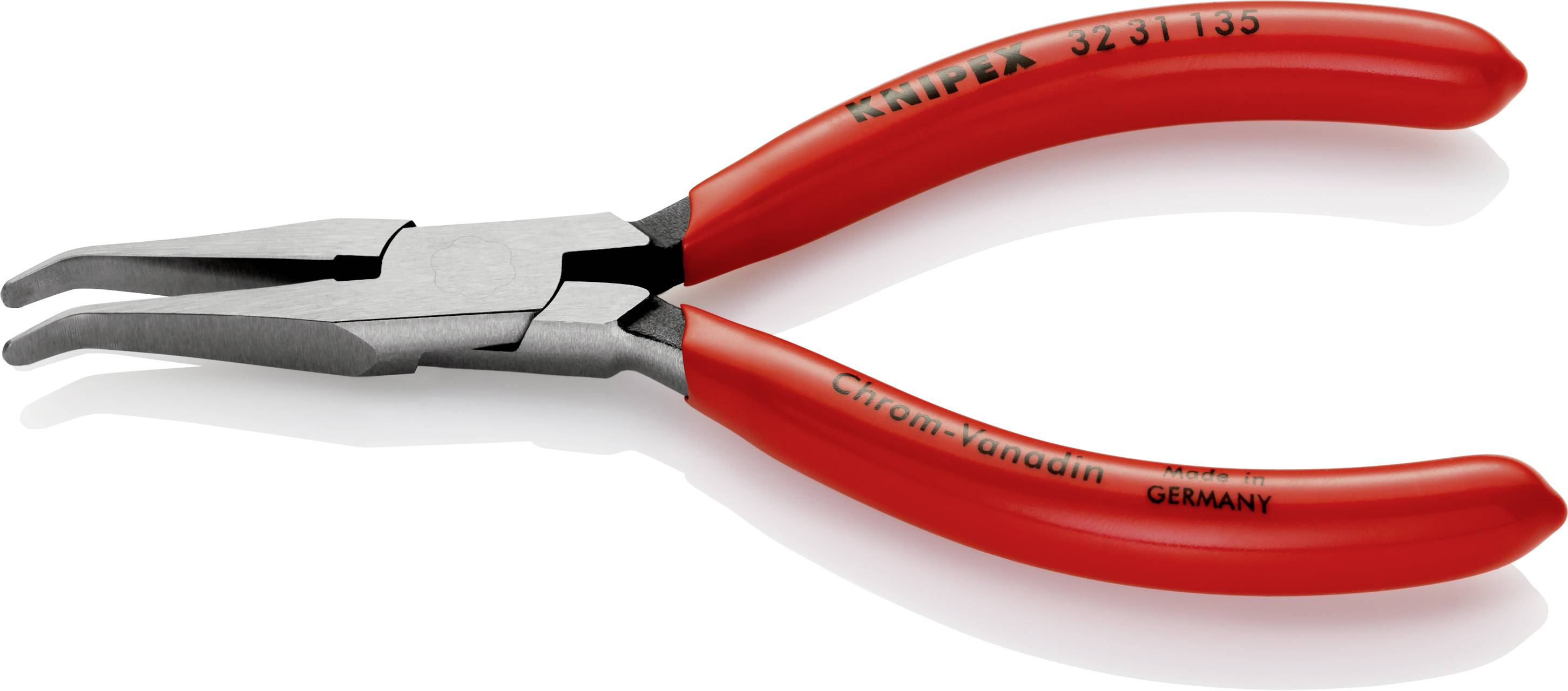 Pince circulaire pour anneau de retenue de couleur rouge avec pointes courbées et manche en métal. Avec l'inscription 'Knipex' et 'Chrome-Vanadium, Made in Germany'.