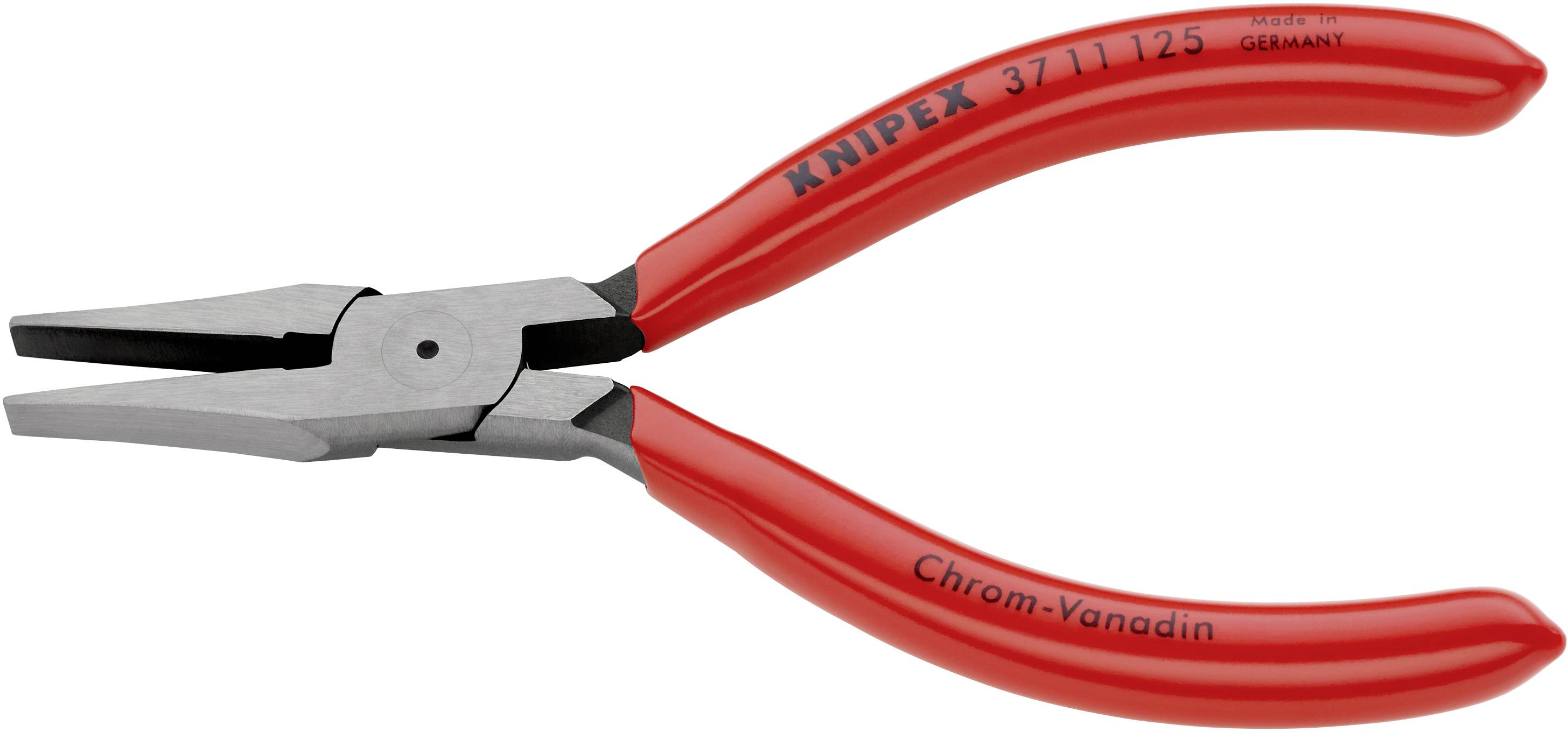 Pince plate rouge avec inscription 'Chrome-Vanadium' et 'Knipex' ; outil pour travaux de préhension.
