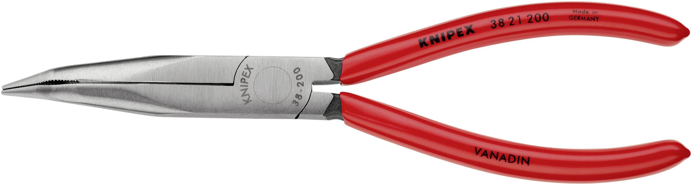 Pince plate ronde étroite à poignées rouges, adaptée aux travaux de précision et aux endroits difficiles d'accès.