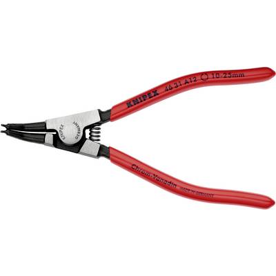 Une pince à circlips de couleur rouge portant l'inscription 'KNIPEX', adaptée pour les circlips de 10-25 mm, fabriquée en acier chrome-vanadium.