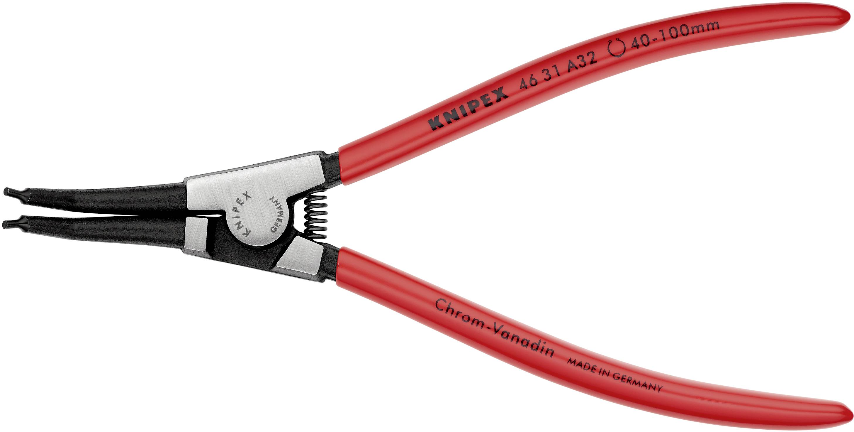 Pince à circlips intérieur rouge Knipex pour circlips de 40-100 mm, en acier chrome-vanadium, pour une saisie et un retrait précis.