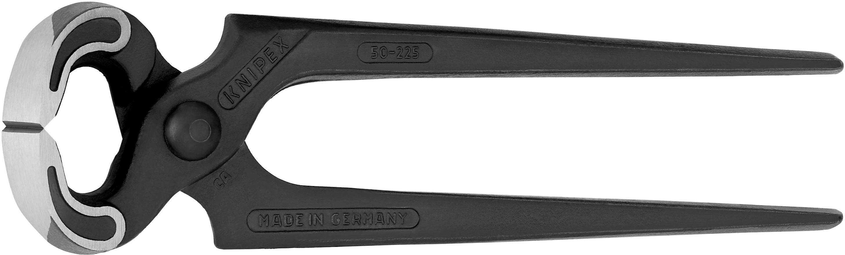 Pince coupante noire en métal, avec des bords tranchants brillants. Marquages 'Knipex' et 'Made in Germany'. Outil pour couper des fils.