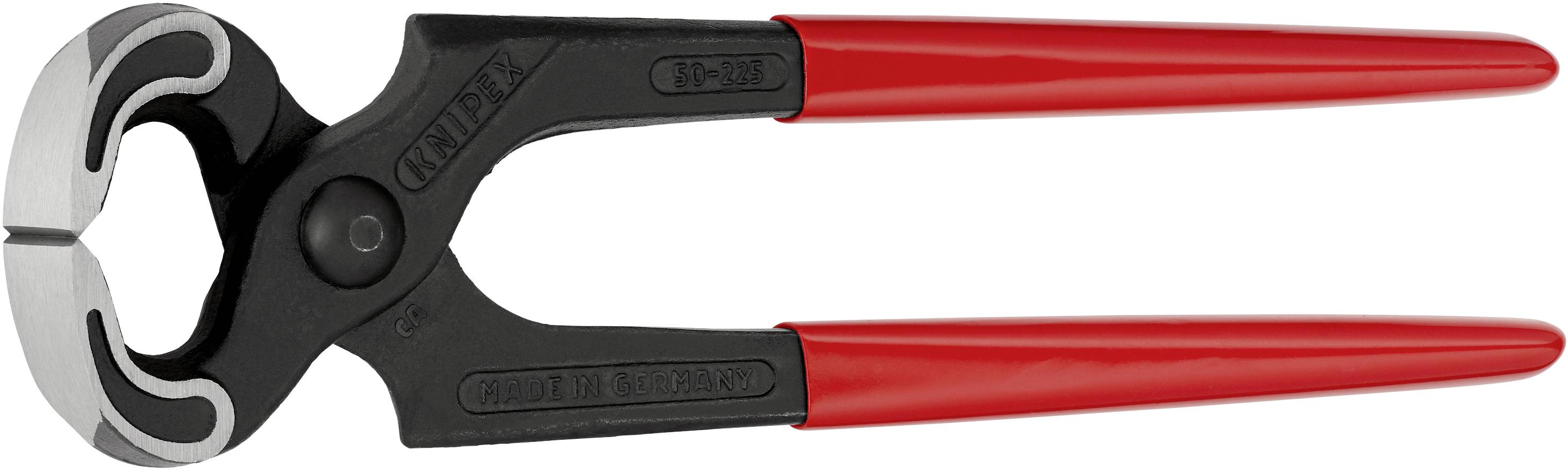 Une pince coupante noire avec des poignées rouges. L'outil est conçu pour couper des fils épais ou des clous.