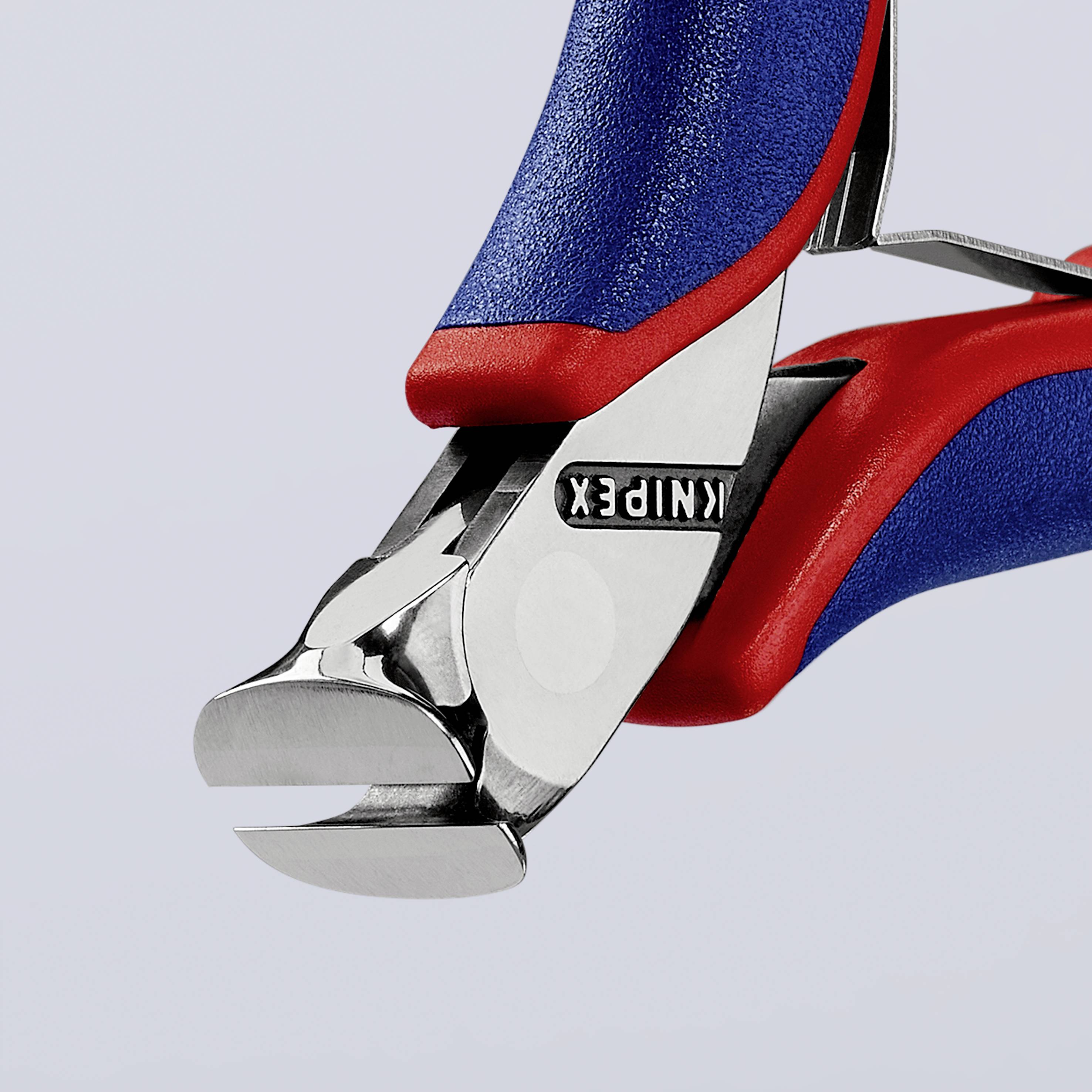 Pince avec poignée bleu-rouge sur fond gris. Adaptée pour des travaux de coupe précis sur fils et câbles.