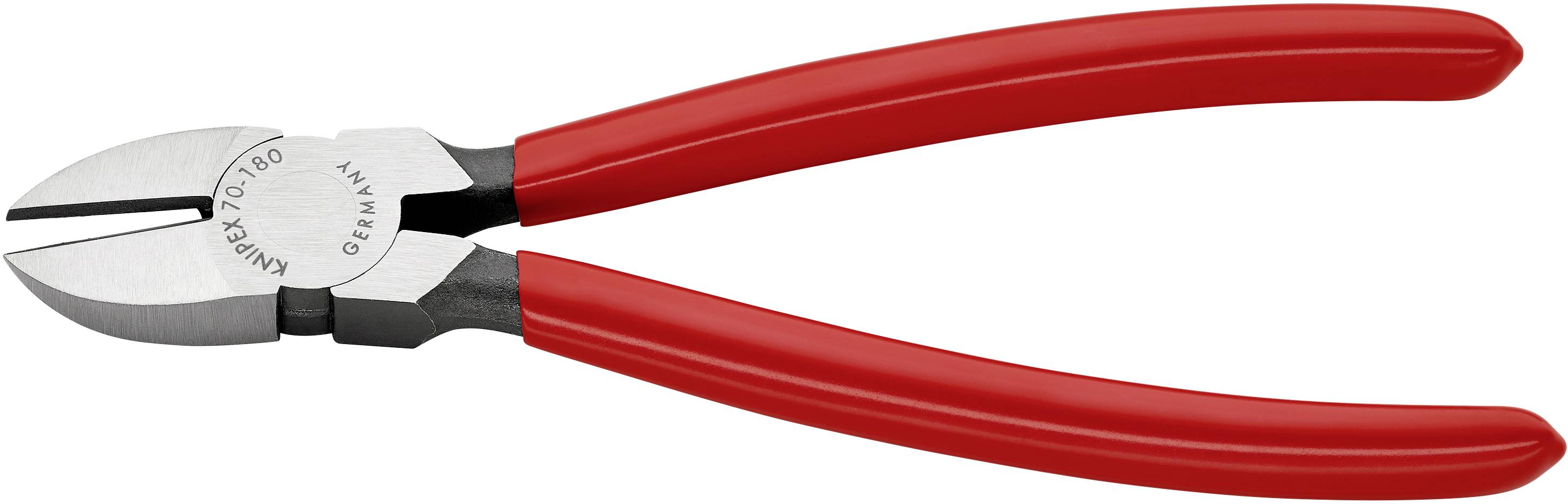 Une pince coupante latérale rouge avec des lames argentées en position ouverte, adaptée pour couper des fils ou des câbles.