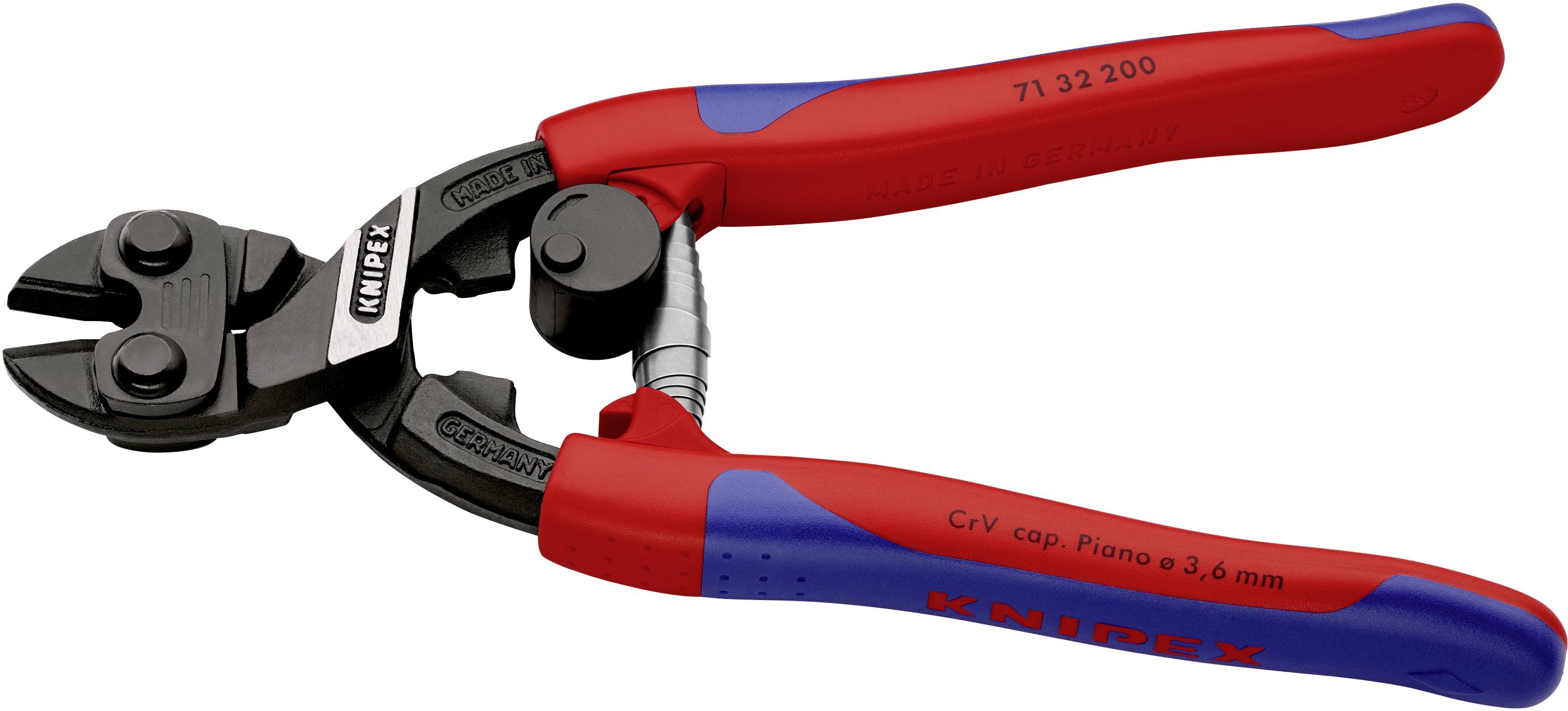 Coupe-câbles Knipex rouges et bleus avec mâchoires robustes, adaptés pour les câbles en acier jusqu'à 3,6 mm.