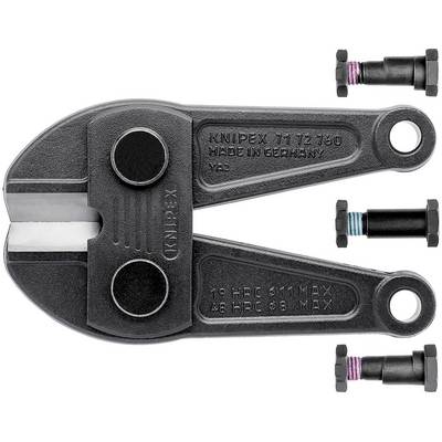 Coupe-boulons en métal avec deux poignées noires, marqué 'Knipex 71 72 760 Made in Germany'. À côté, deux vis interchangeables.