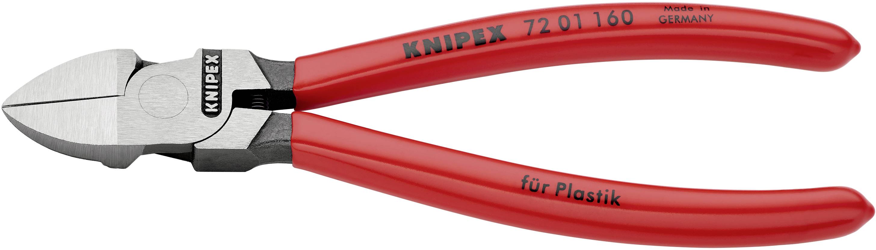 Pince coupante latérale rouge de Knipex avec inscription 'pour plastique' et 'Made in Germany'. Adaptée pour couper des matériaux plastiques.