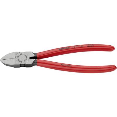 Pince coupante rouge avec des lames en acier argentées, marquage 'Knipex 72 01 160' sur la poignée. Adaptée pour les matières plastiques. Fabriquée en Allemagne.