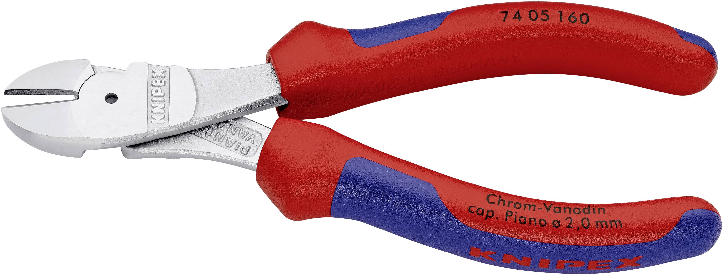 Une pince coupante latérale Knipex rouge et bleue, modèle numéro 74 05 160, pour couper précisément des fils jusqu'à 2,0 mm de diamètre.
