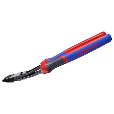 Une paire de pinces coupantes diagonales Knipex avec poignées en caoutchouc rouge et bleu, conçues pour couper les fils et les câbles.