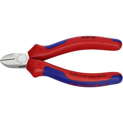 Pince coupante latérale rouge et bleue avec tête en métal, adaptée pour couper des fils. Les marquages sur la poignée et le métal indiquent les spécifications.