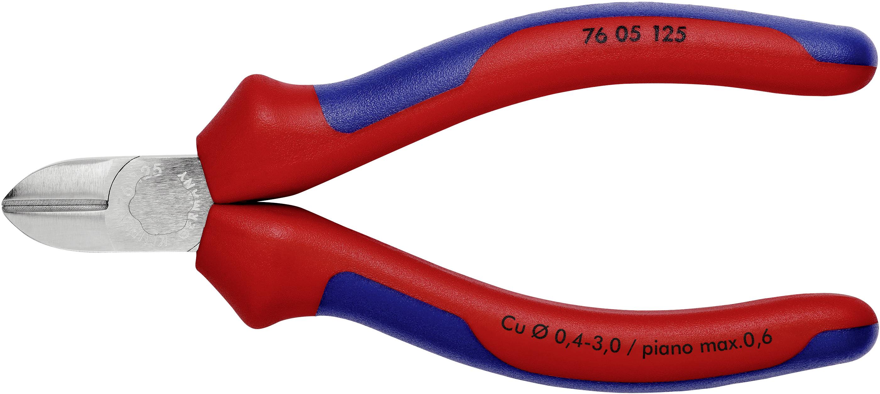 Pince coupante latérale rouge et bleue avec l'étiquette '76 05 125' et 'Cu Ø 0.4-3.0 / piano max. 0.6'.