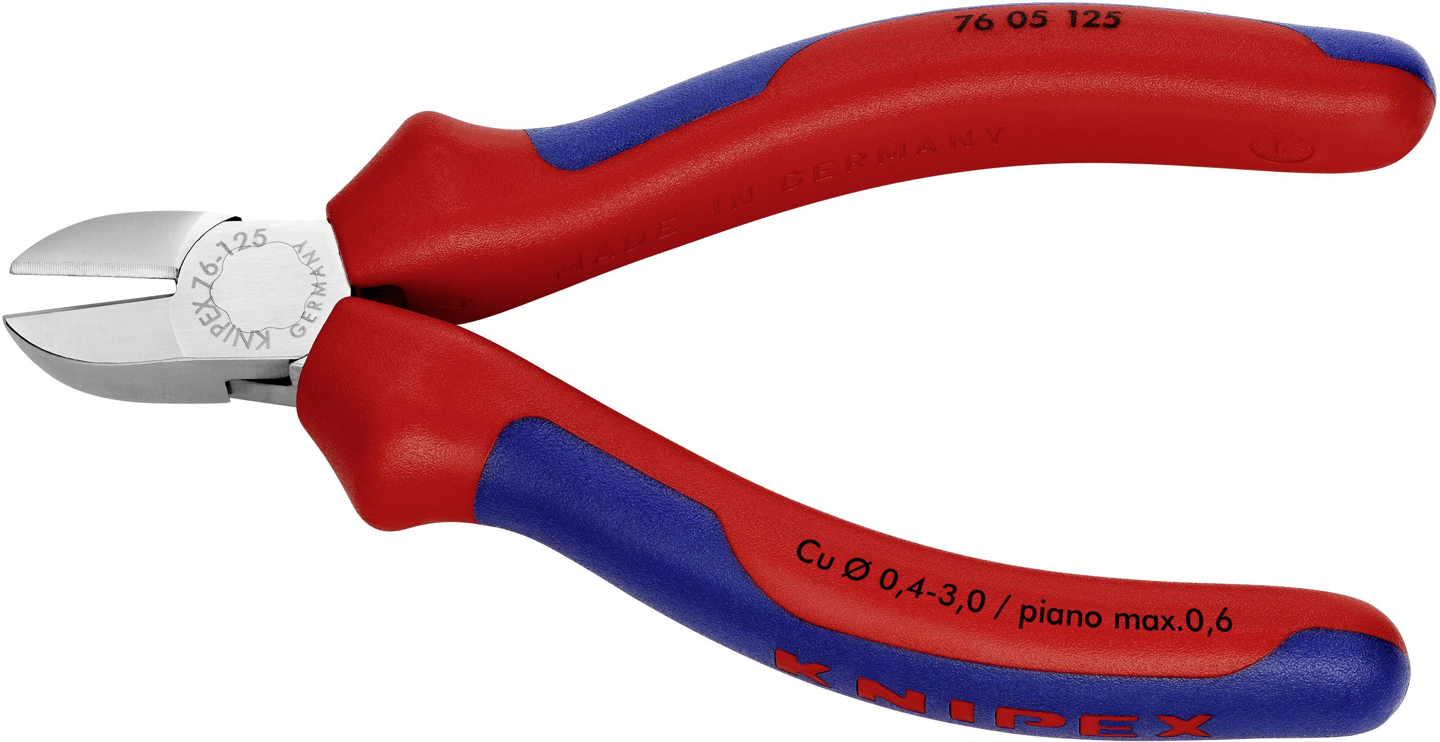 Coupe-câbles rouge et bleu avec des lames en métal et l'inscription 'Knipex'. Adaptés pour couper des fils jusqu'à 0,6 mm.