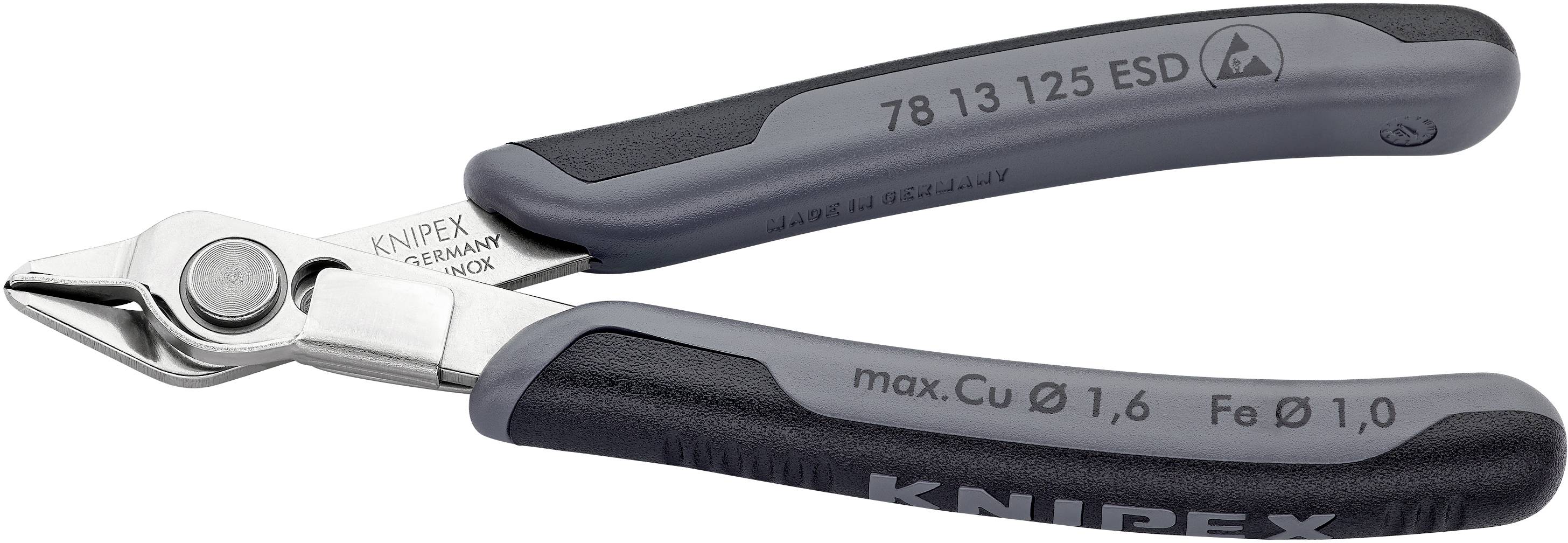 Un coupe-côté avec poignée ergonomique, adapté pour une coupe précise dans les travaux électroniques. Modèle 'Knipex 78 13 125 ESD'.