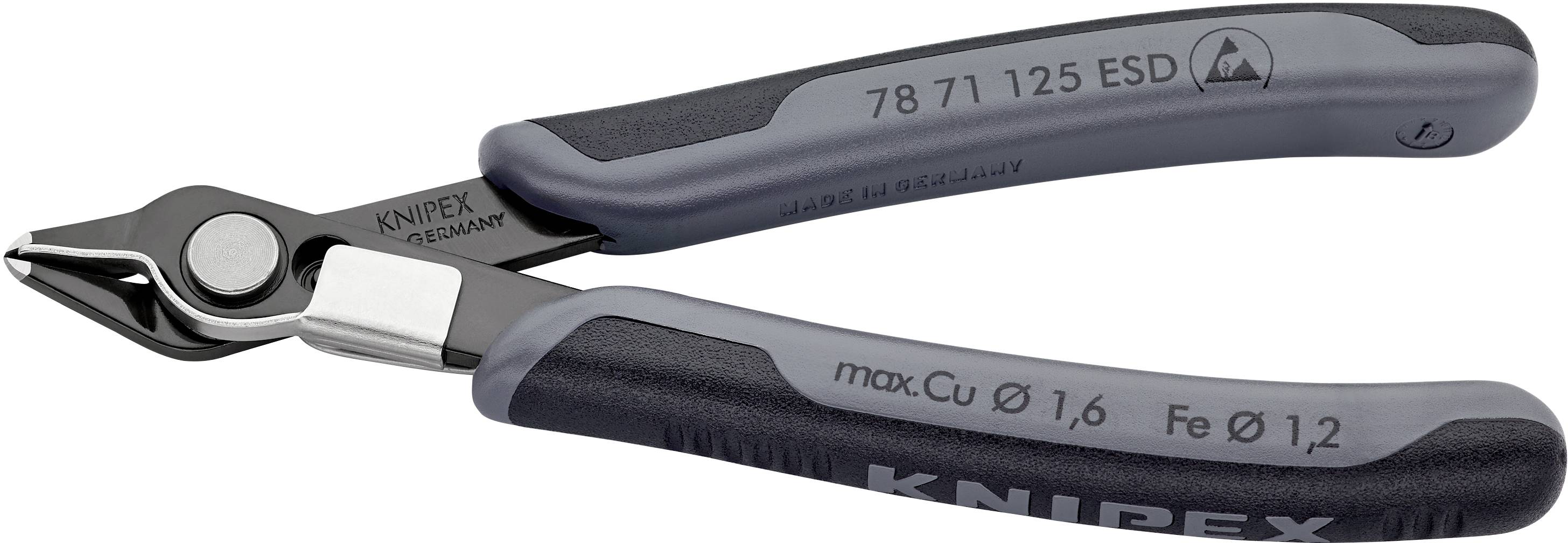 Pince électronique de précision Knipex avec poignées grises et noires. Antistatique (ESD), spécifiée pour diamètre de fil max : Cu Ø 1,6 mm, Fe Ø 1,2 mm.