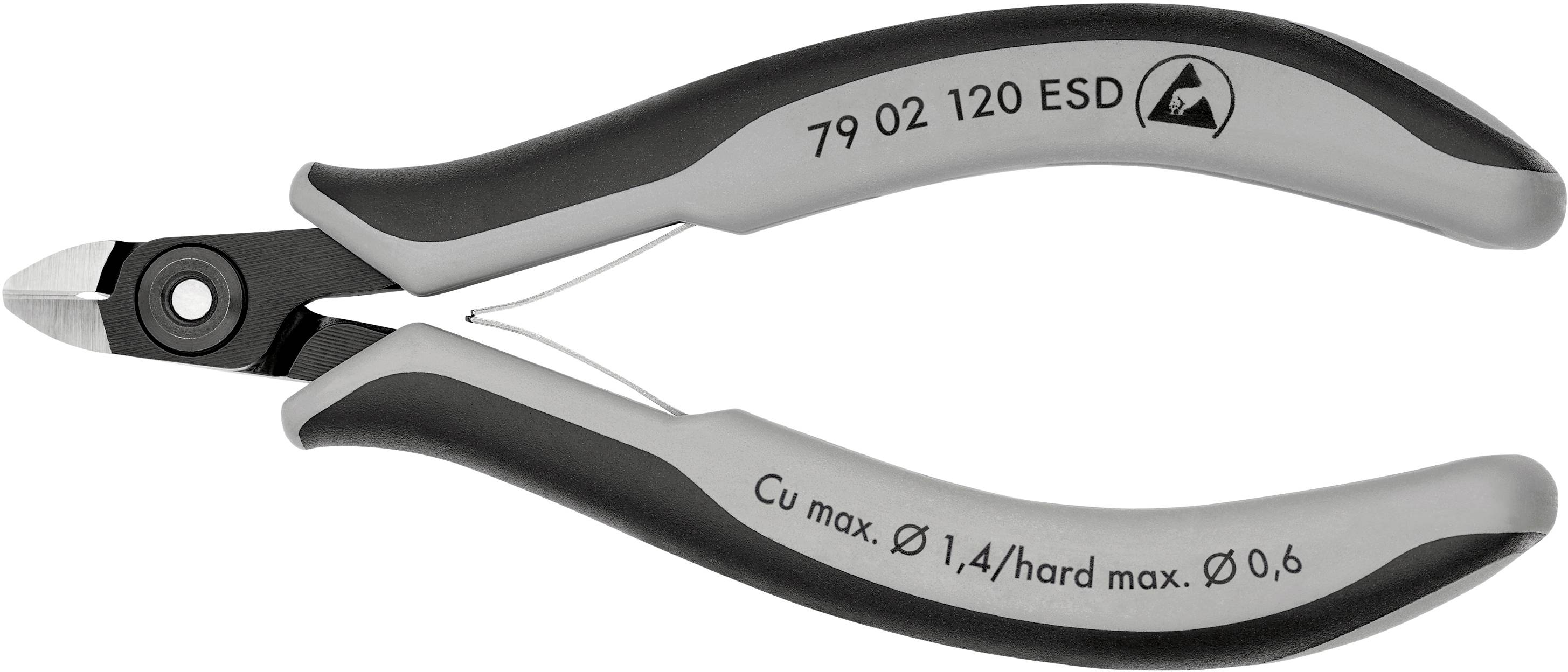 Une petite pince grise et noire portant l'inscription '79 02 120 ESD', adaptée pour couper le cuivre et les matériaux durs.
