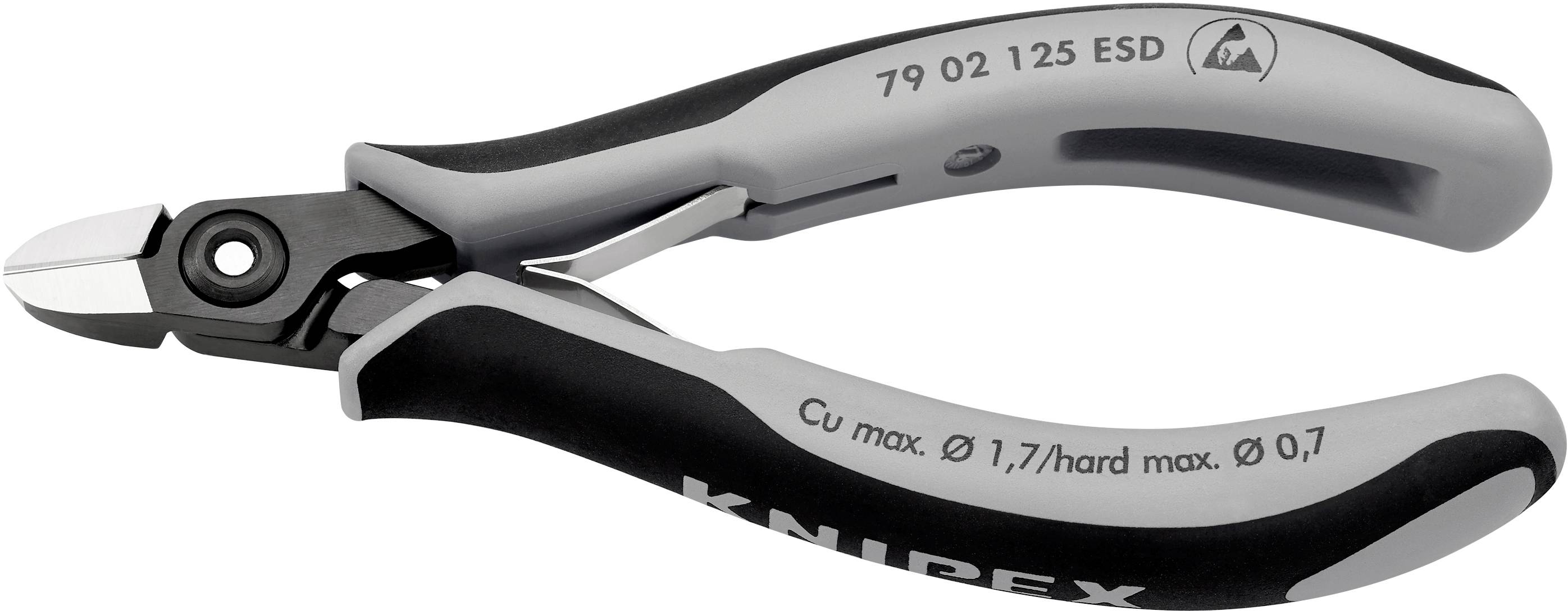 Une pince coupante latérale noire et grise portant l'inscription 'Cu max. Ø 1,7/hard max. 0,7', adaptée pour une coupe précise.