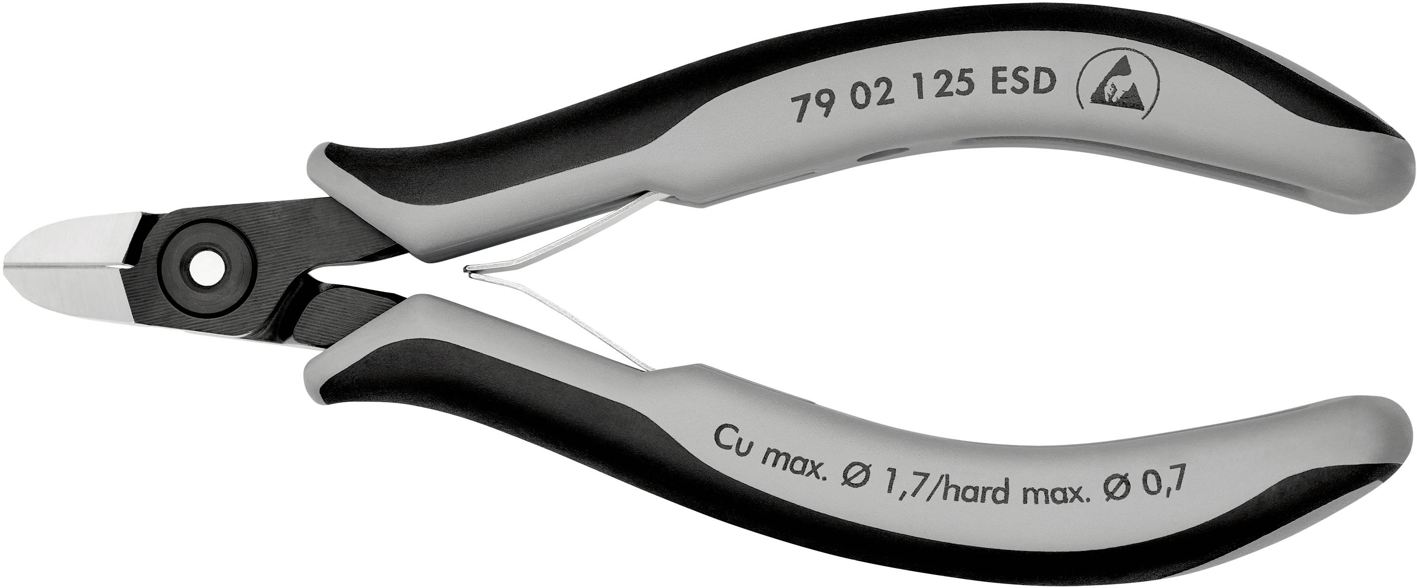 Un coupe-câbles avec des poignées grises, adapté aux travaux ESD. Marquage : 'Cu max. Ø 1,7/hard max. Ø 0,7'.