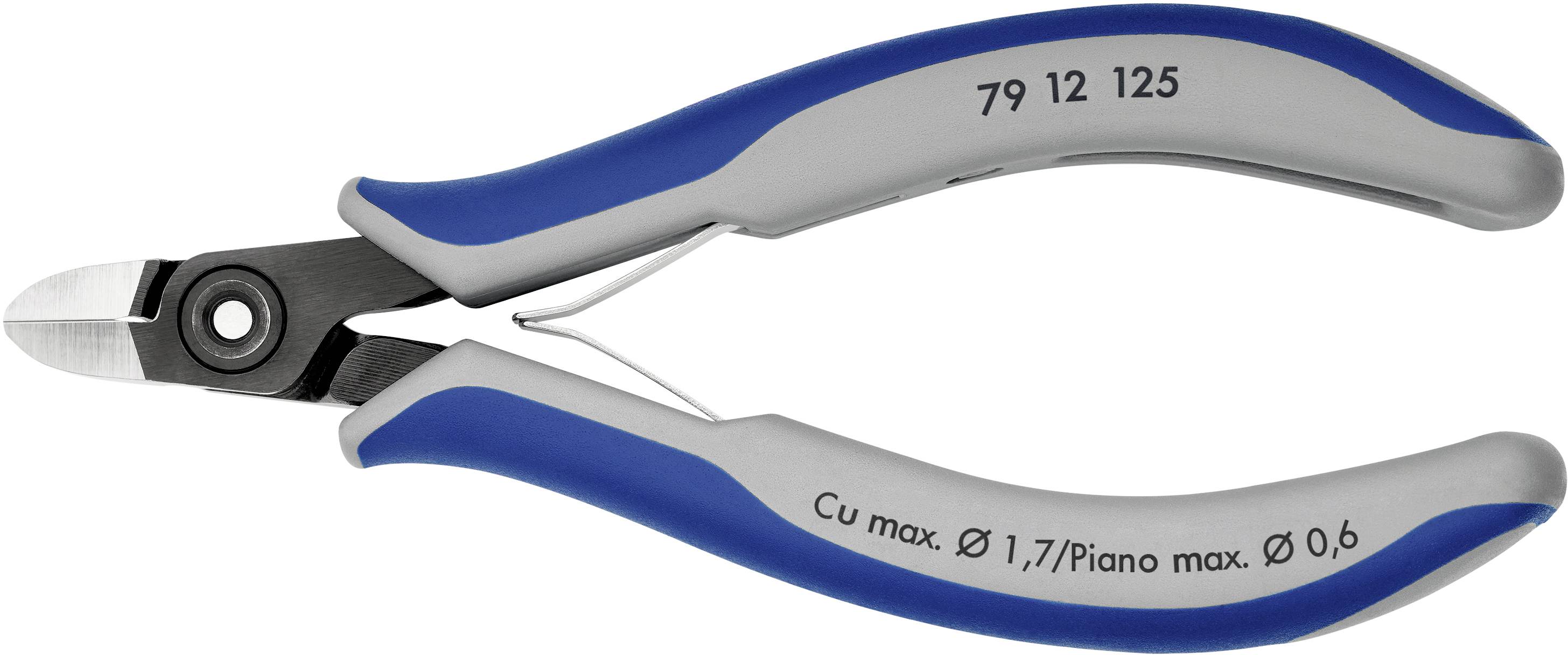 Un coupe-câbles latéral bleu et gris pour une coupe précise des fils. L'inscription indique l'épaisseur maximale des fils 'Cu max. Ø 1,7/Piano max. Ø 0,6'.