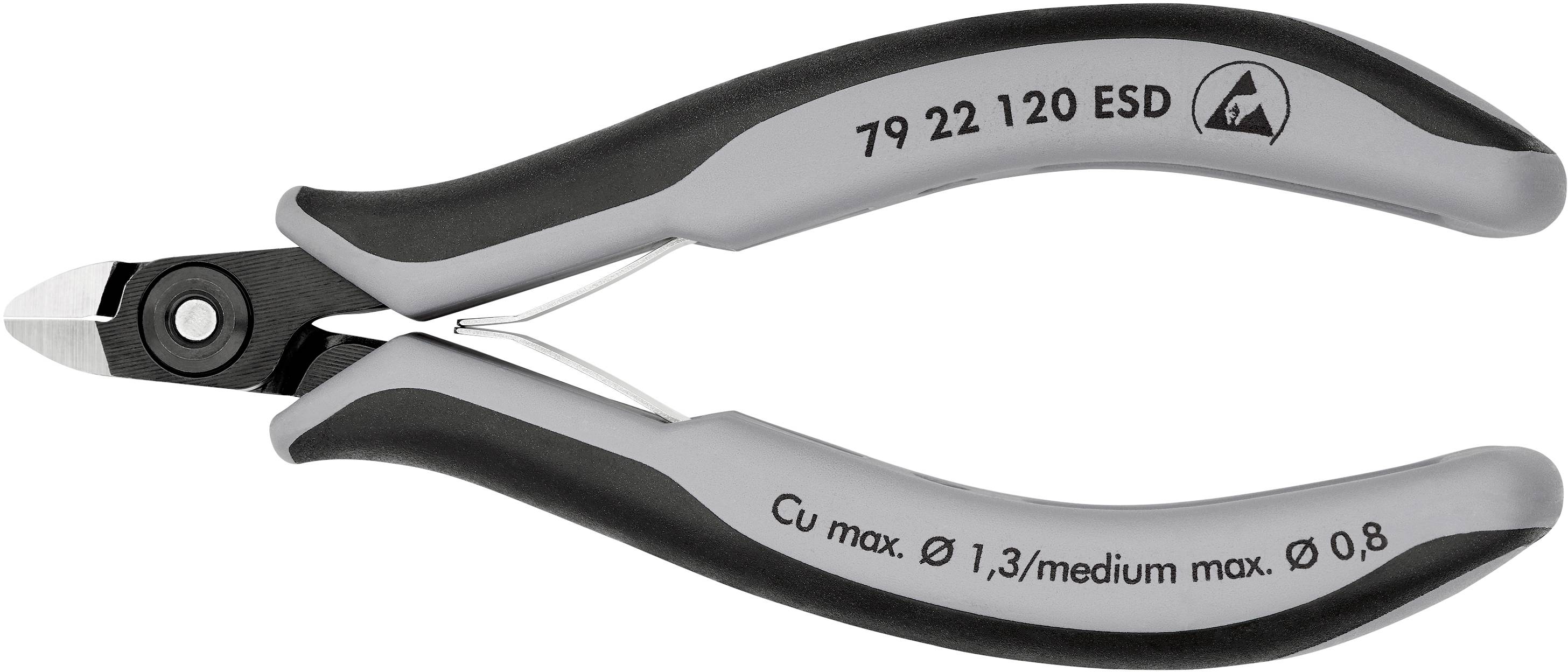 Pince coupante avec poignée grise et noire, marquée 'Cu max. Ø 1,3/medium max. Ø 0,8', adaptée pour une coupe précise.