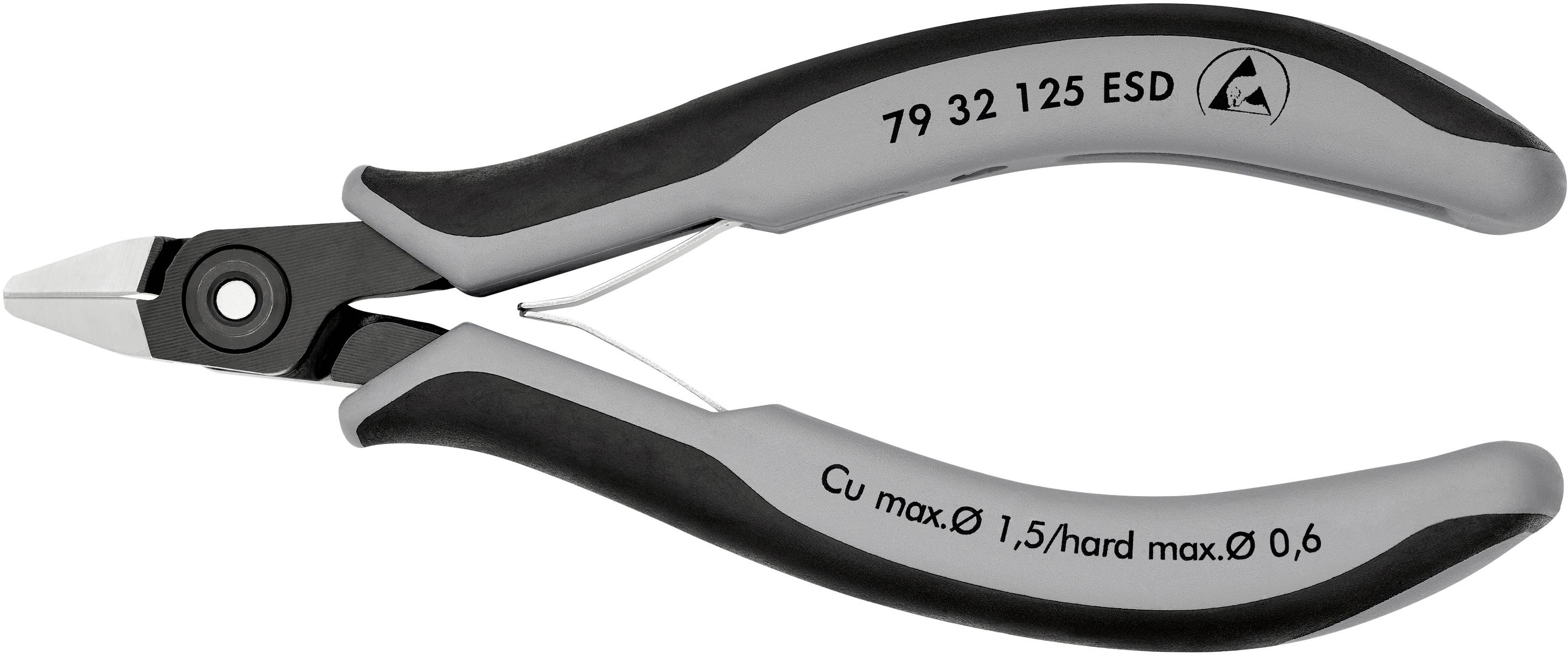 Coupe-câbles avec poignée ergonomique, inscriptions '79 32 125 ESD' et 'Cu max. Ø 1,5/hard max. Ø 0,6', noir-gris.