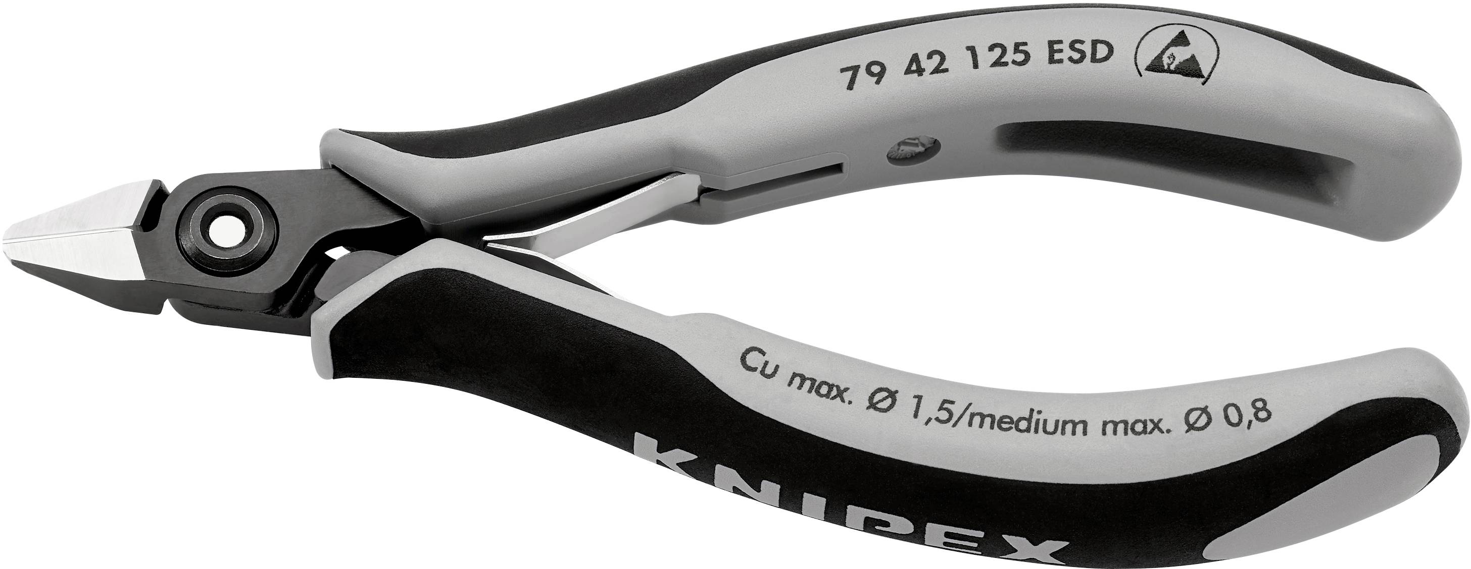 Pince coupante latérale avec poignée noire et grise, modèle 'KNIPEX 79 42 125 ESD', pour la coupe précise de fils jusqu'à 1,5 mm de diamètre.