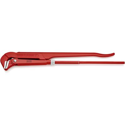 Une pince à pipe rouge avec un long levier et des mâchoires crantées, utilisée pour saisir et tourner des tuyaux.
