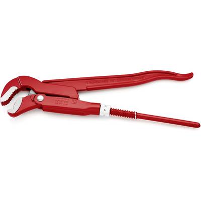 Pince à tuyau rouge repose sur un fond blanc. Elle possède des mâchoires crantées et une poignée ajustable. Adaptée aux travaux d'installation.