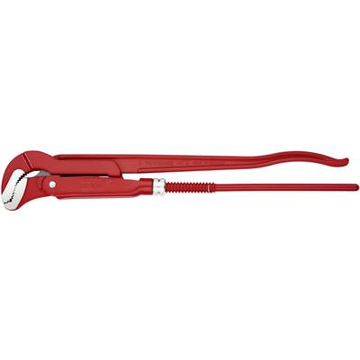Pince à pipe rouge avec mâchoires dentées, adaptée pour saisir et tourner des tuyaux et des raccords à vis.