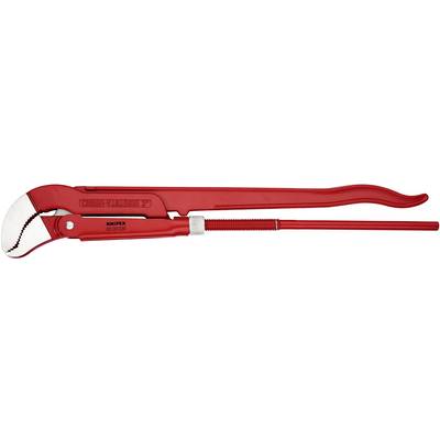 Pince à tube rouge avec long manche, mâchoire fermée pour travaux de plomberie ; posée sur un fond blanc.