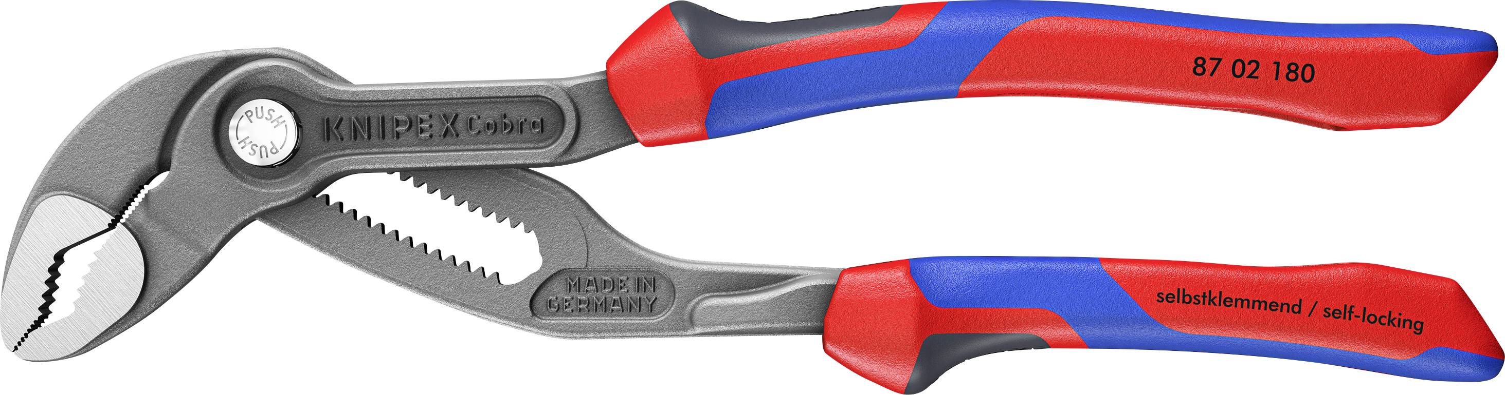 Pince réglable avec poignée rouge et bleue, dotée d'une mâchoire striée pour un serrage sécurisé et étiquetée « KNIPEX » et « auto-bloquante ».