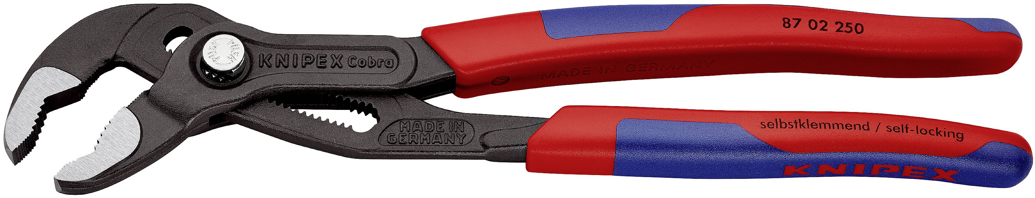 Pince multiprise rouge et bleue avec mécanisme autobloquant, idéale pour les raccords de tuyaux et les écrous.