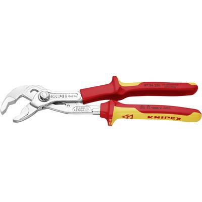 Pince à tuyau Knipex rouge et jaune isolée. Adaptée aux travaux électriques jusqu'à 1000V. Design ergonomique pour une prise en main sûre.