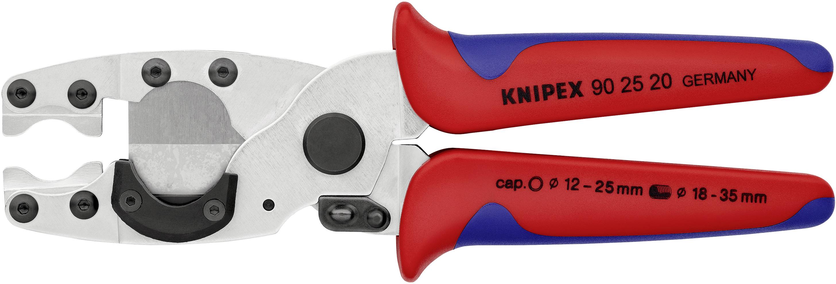 Pince à sertir avec poignées rouge et bleu et inscription : « KNIPEX 90 25 20 GERMANY », pour diamètres de câble de 12-25 mm et 18-35 mm.