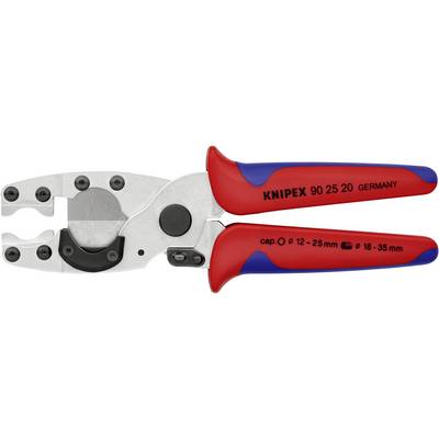 Pince à sertir avec poignées rouge et bleu et inscription : « KNIPEX 90 25 20 GERMANY », pour diamètres de câble de 12-25 mm et 18-35 mm.